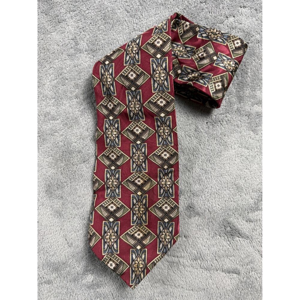 Surrey Mens Silk Necktie Burgundy Geometric Medallion Made in USA Classic Tie